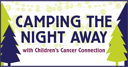 camping the night away logo camping the night away text logo with surrounding pine trees